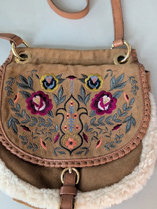 UGG Tan Suede Crossbody with Floral Embroidery Wool Trim Roomy Chic Lightweight - Picture 3 of 13